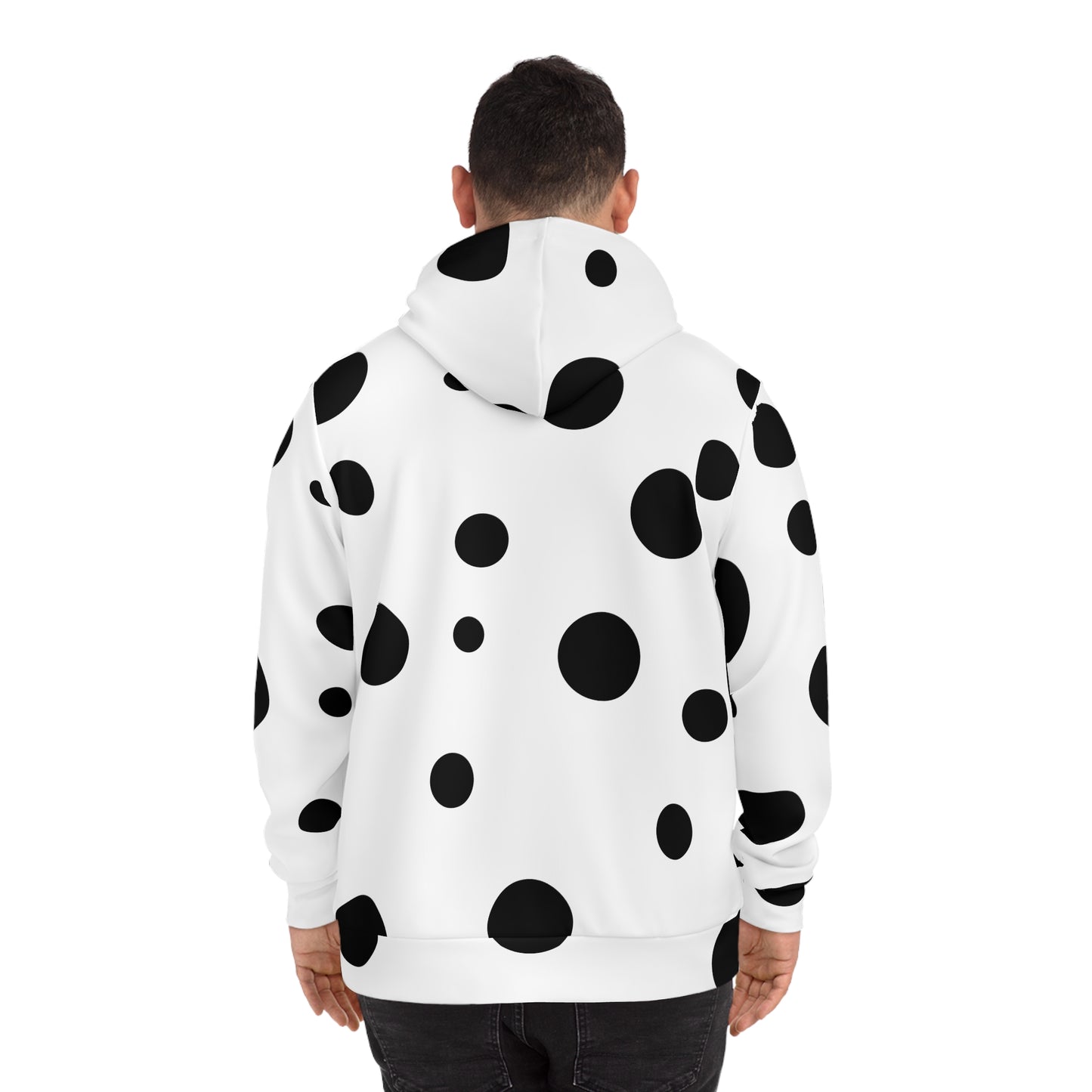 Back view of the white 'Break the Pattern' hoodie with striking black circular designs.