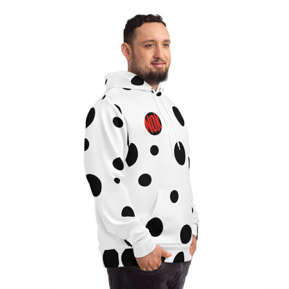 Side view of the white 'Break the Pattern' hoodie with bold black circular designs, styled for men.