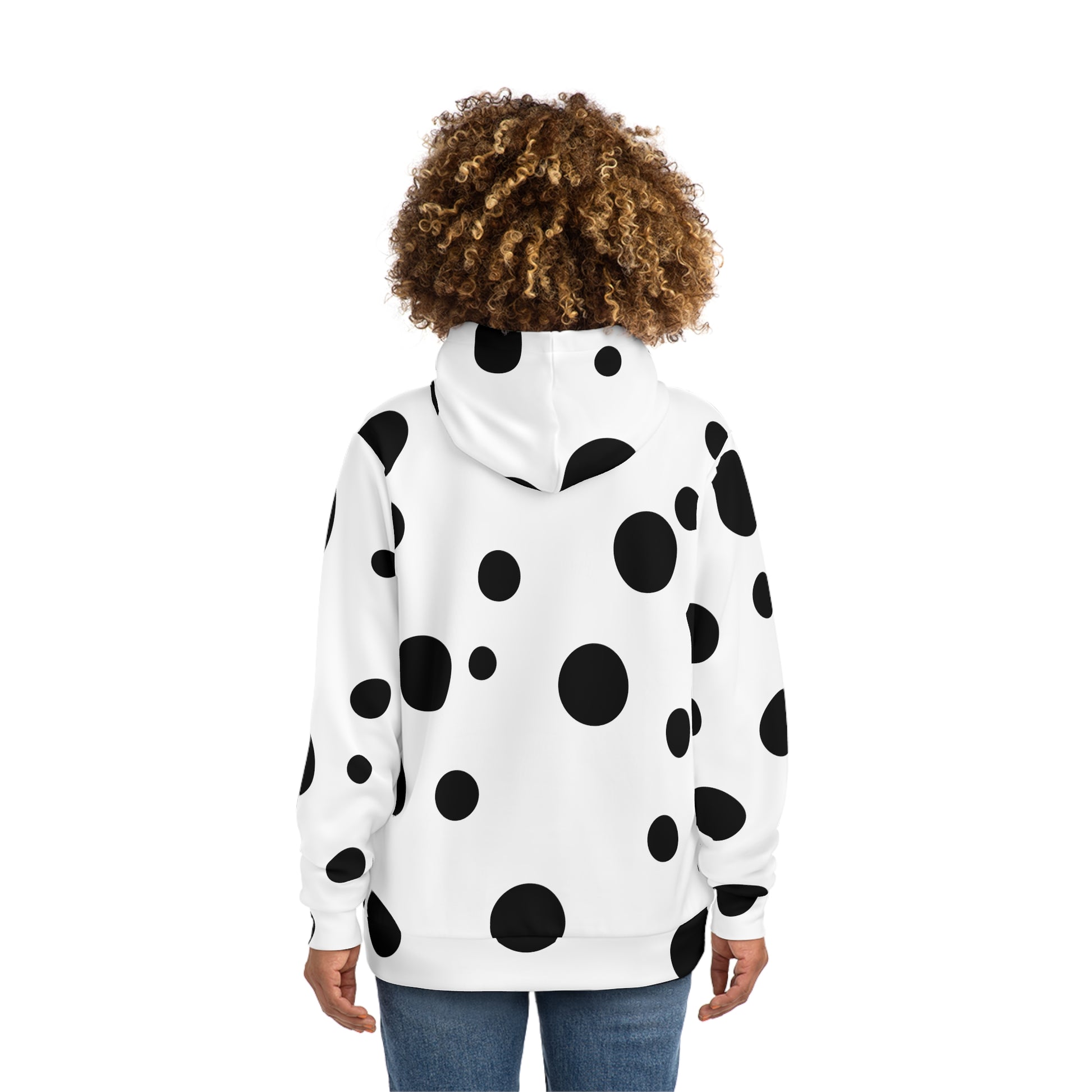 Back view of the white 'Break the Pattern' hoodie featuring bold black circular patterns.
