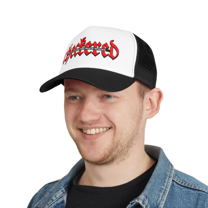 A smiling man wearing a black and white checkered cap with bold red 'Checkered' text on the front. Side angle shows the cap design and mesh back.