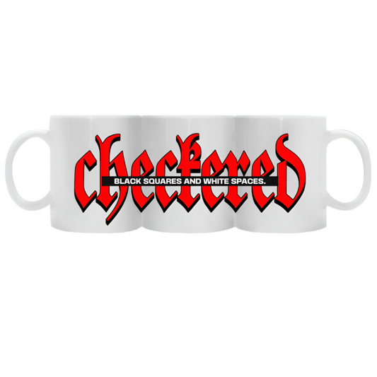 White ceramic mug with a bold red 'Checkered' text and the phrase 'Black Squares and White Spaces' in black across the middle.