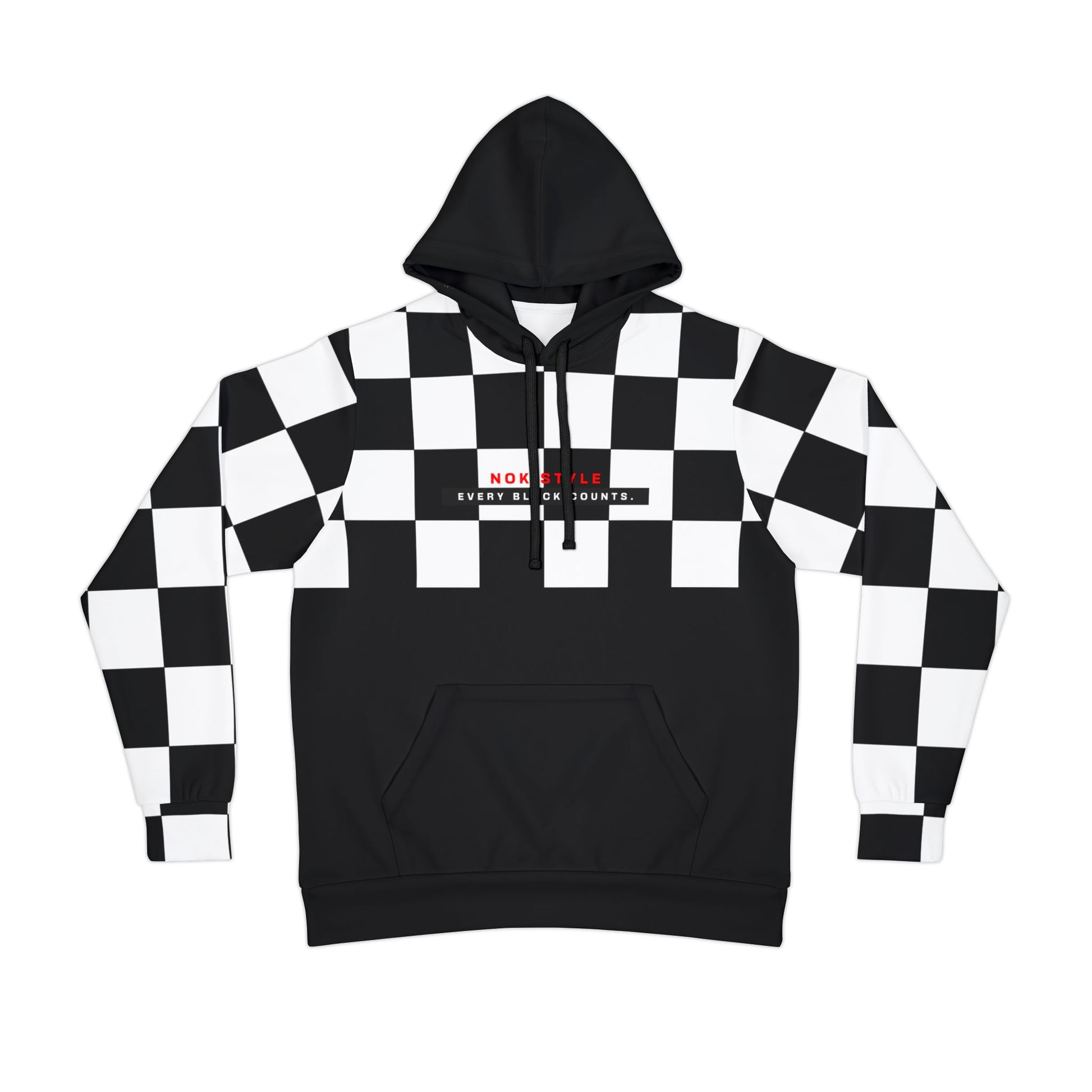 Front view of a black and white checkered NOKSTYLE hoodie with the text 'Every Block Counts' on the chest in red and white.