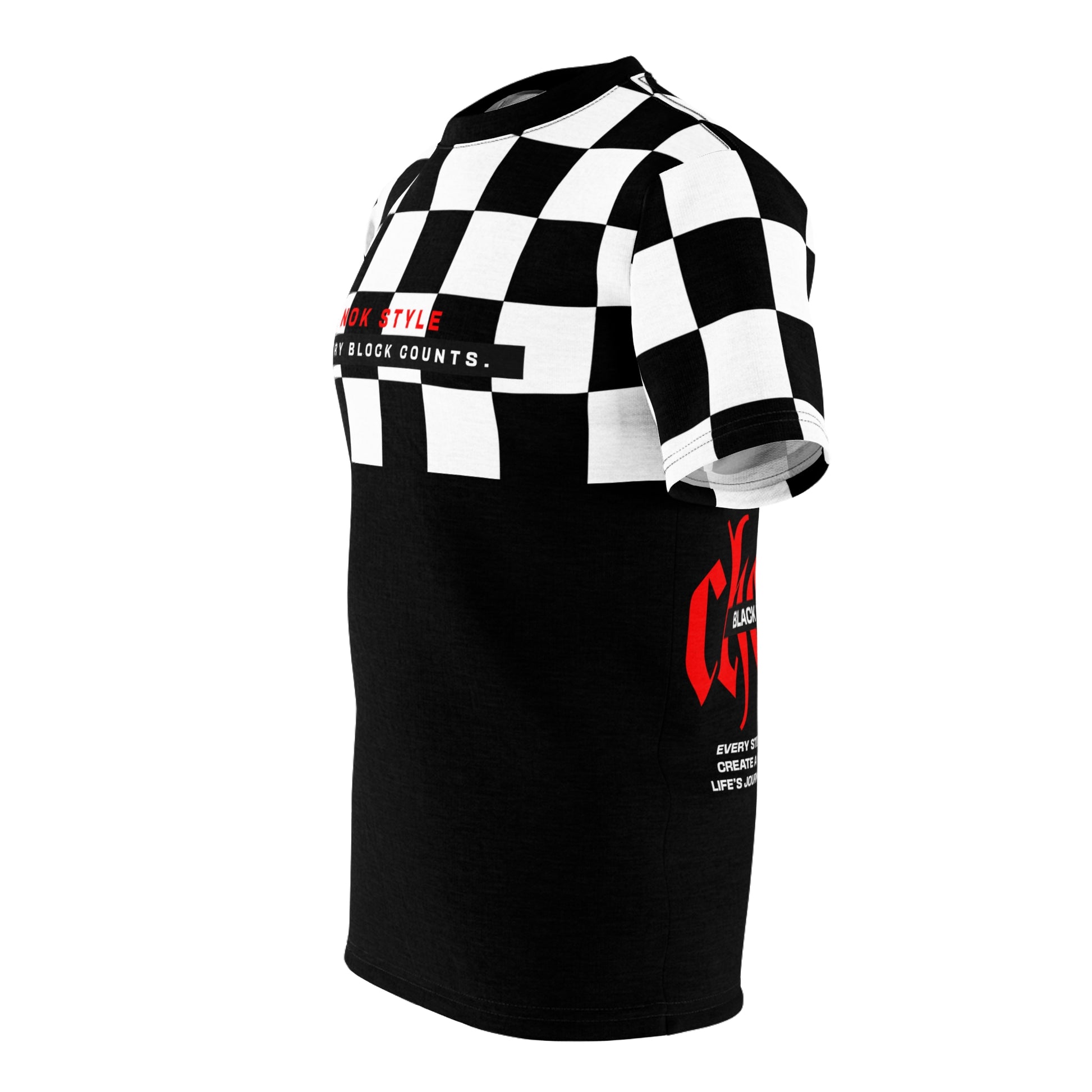 Side profile of the Checkered Victory T-shirt showing black lower half, red design text 'CHECKERED,' and the iconic black and white checkered sleeves.