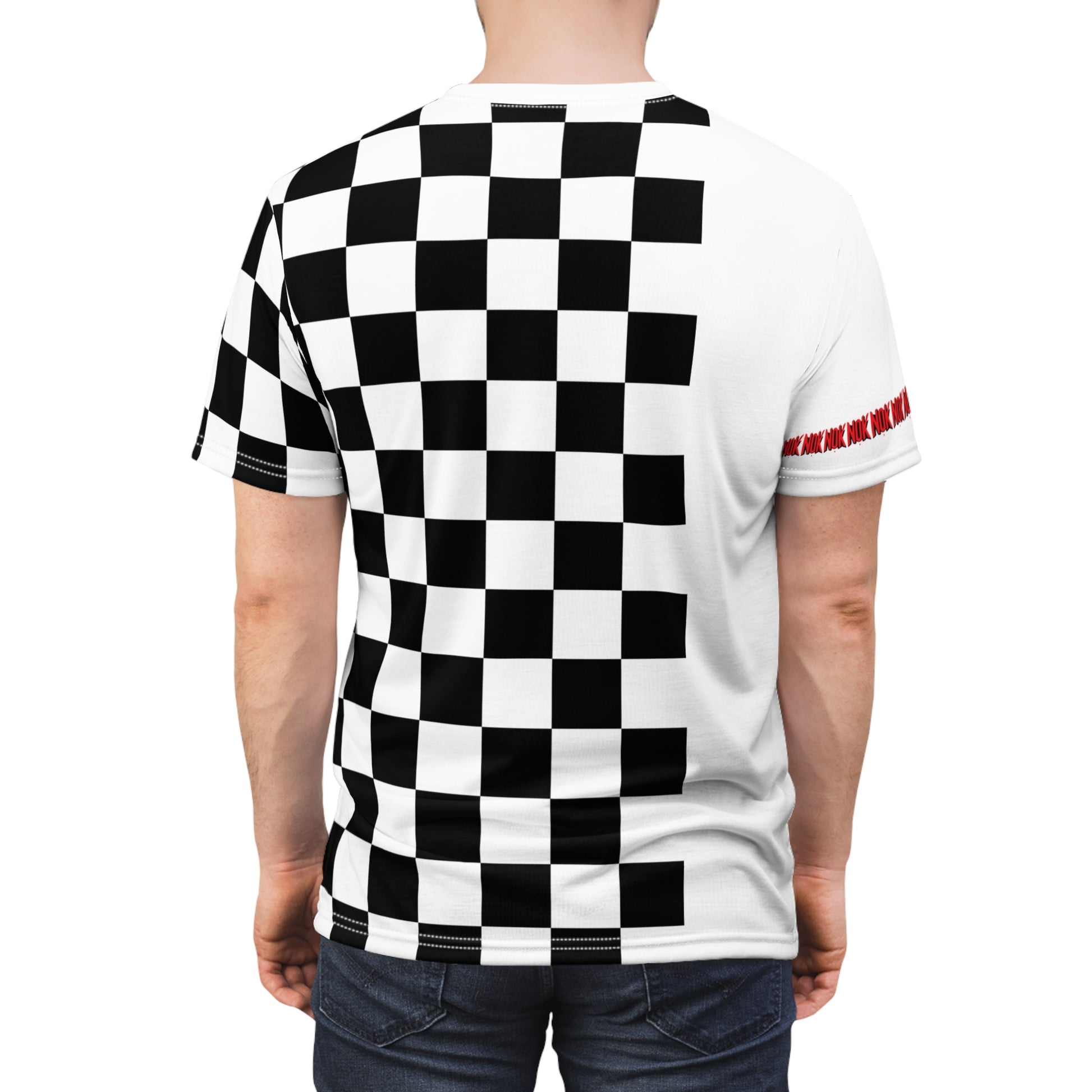 Back view of a black and white checkered t-shirt modeled by a person, showcasing the dynamic full-print design with NOK branding on the sleeve.