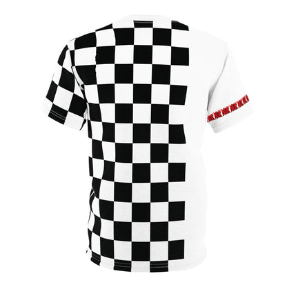 Flat lay of the black and white checkered t-shirt's back, emphasizing the bold geometric pattern and clean design.