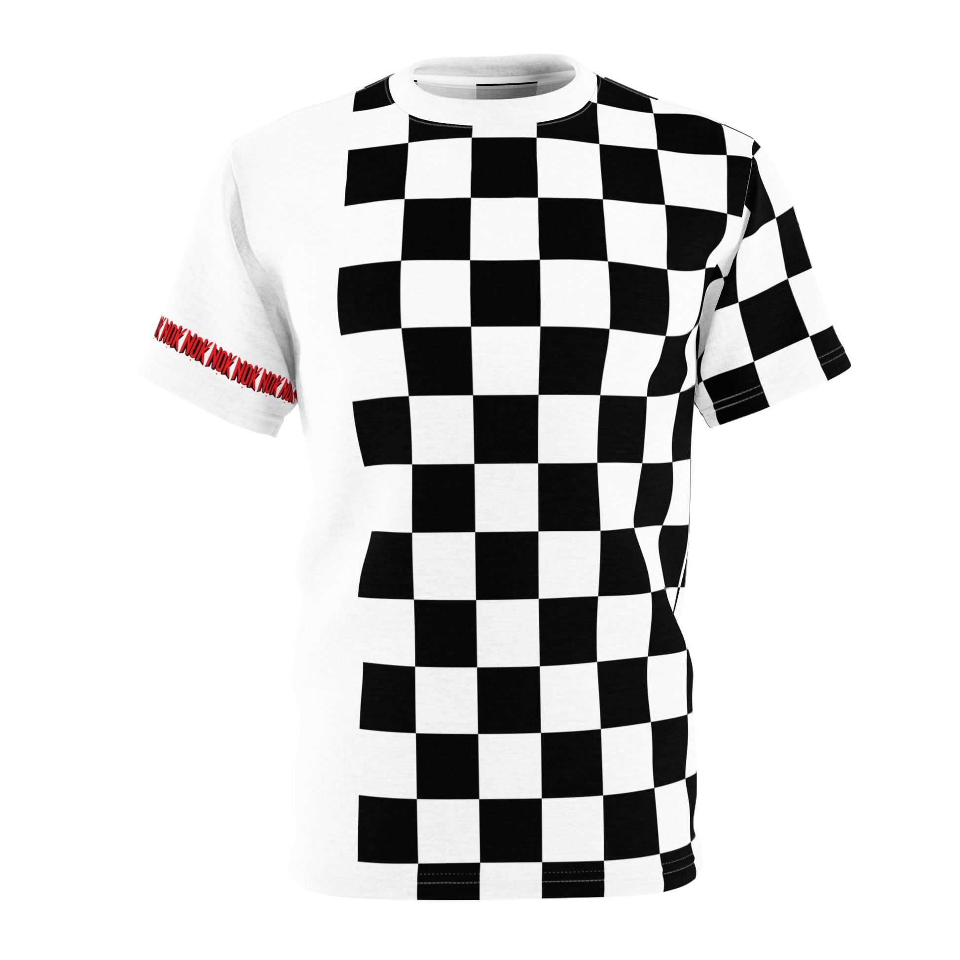 Flat lay of the black and white checkered t-shirt's front, highlighting the bold pattern and NOK sleeve detailing.