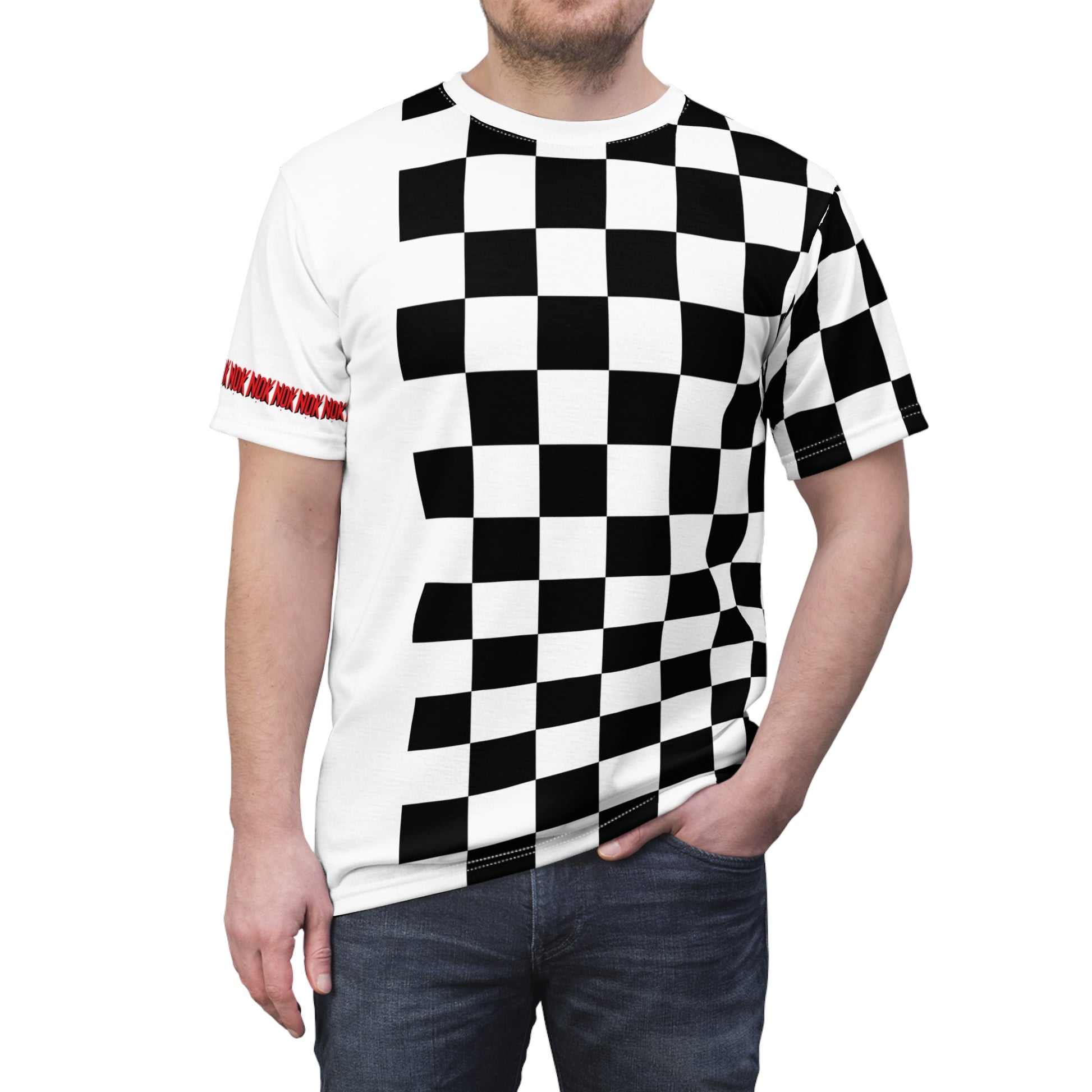 Front view of a black and white checkered t-shirt modeled by a person, featuring a bold NOK logo detail on the sleeve.