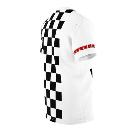 Side profile of a black and white checkered t-shirt with NOK logo details on the sleeve, highlighting the seamless design continuity.