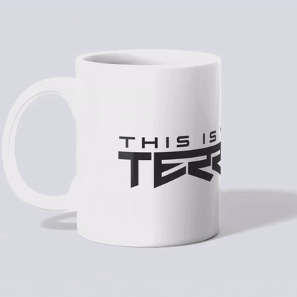 White porcelain coffee mug featuring a bold, stylish design with the phrase 'This is My Space - Territory' in black, modern font across the surface.