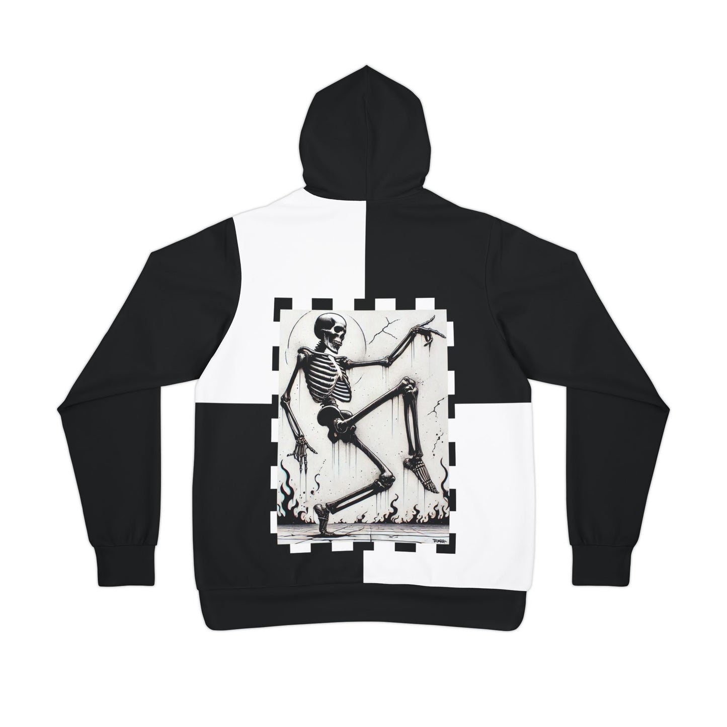 Back view of the Dance Baby Hoodie by NOKSTYLE for adults, showcasing a dancing skeleton design with checkered background.