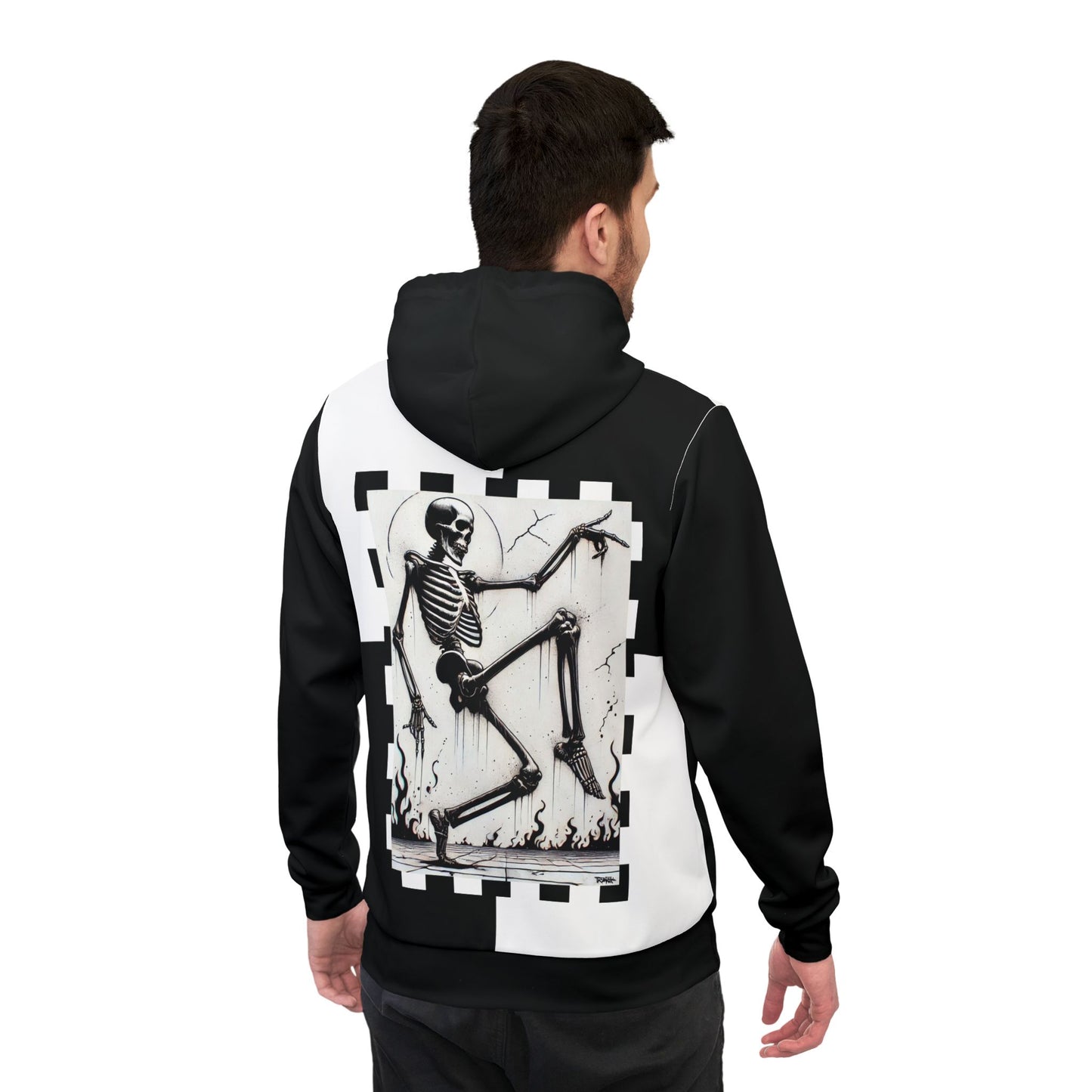 Model wearing the Dance Baby Hoodie by NOKSTYLE, showing the detailed skeleton artwork on the back.