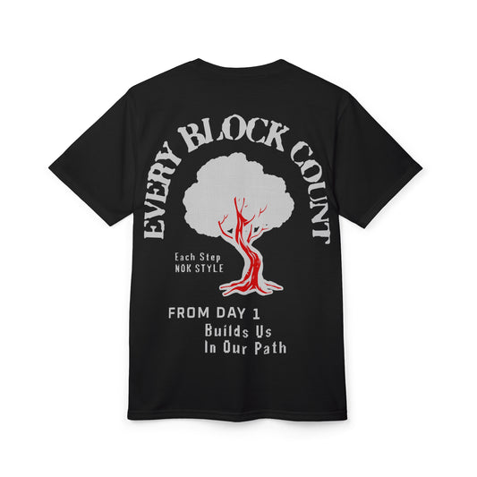 Flat layout of the Every Block Count black t-shirt showing the red and white tree graphic and motivational text on the back.