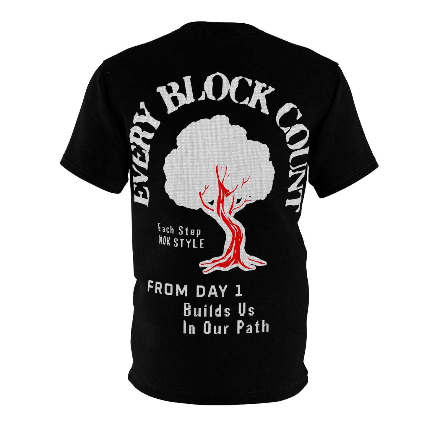 Flat back mockup of the Every Block Count black t-shirt with detailed tree graphic and text, emphasizing the 'From Day 1' message.