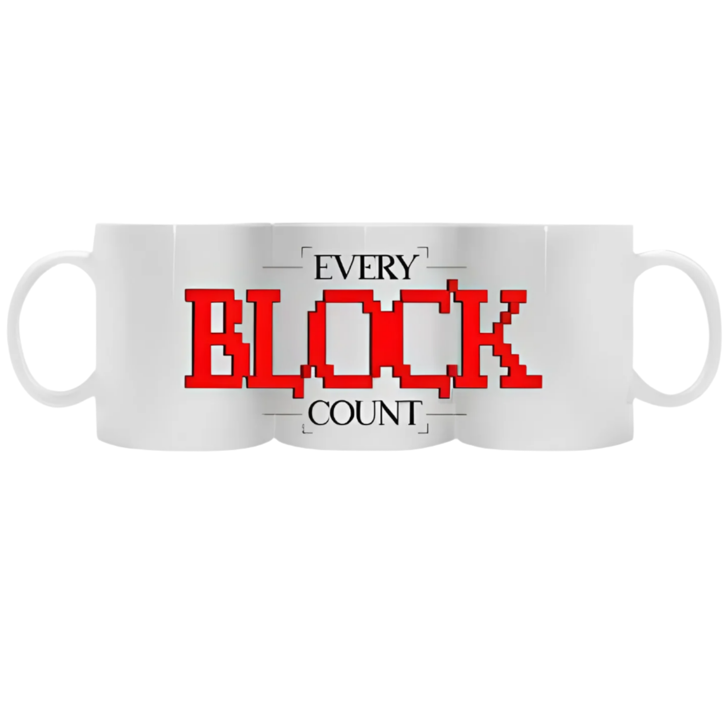 White ceramic coffee mug with a bold red pixelated 'Every Block Count' design displayed in a flat, wraparound view.