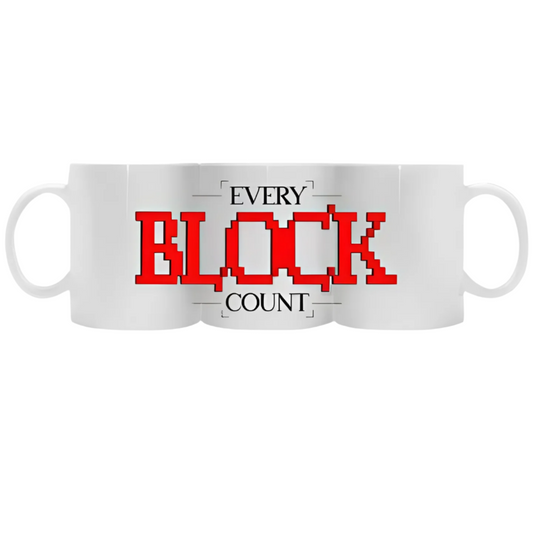 White ceramic coffee mug with a bold red pixelated 'Every Block Count' design displayed in a flat, wraparound view.
