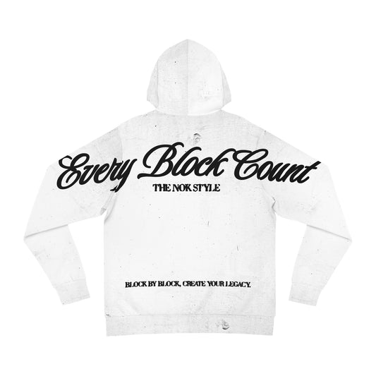 Flat lay of the Every Block Count hoodie, showcasing the back design with the bold slogan.
