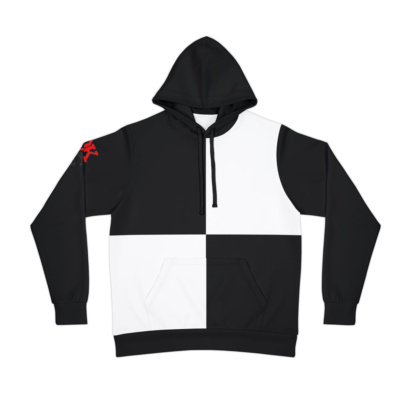 Flat lay of a black and white hoodie with a clean color-blocked front, showcasing its minimalist yet bold design.