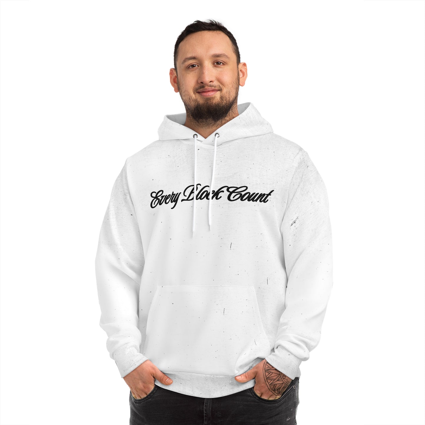 Man modeling the Every Block Count hoodie, highlighting the front text design.