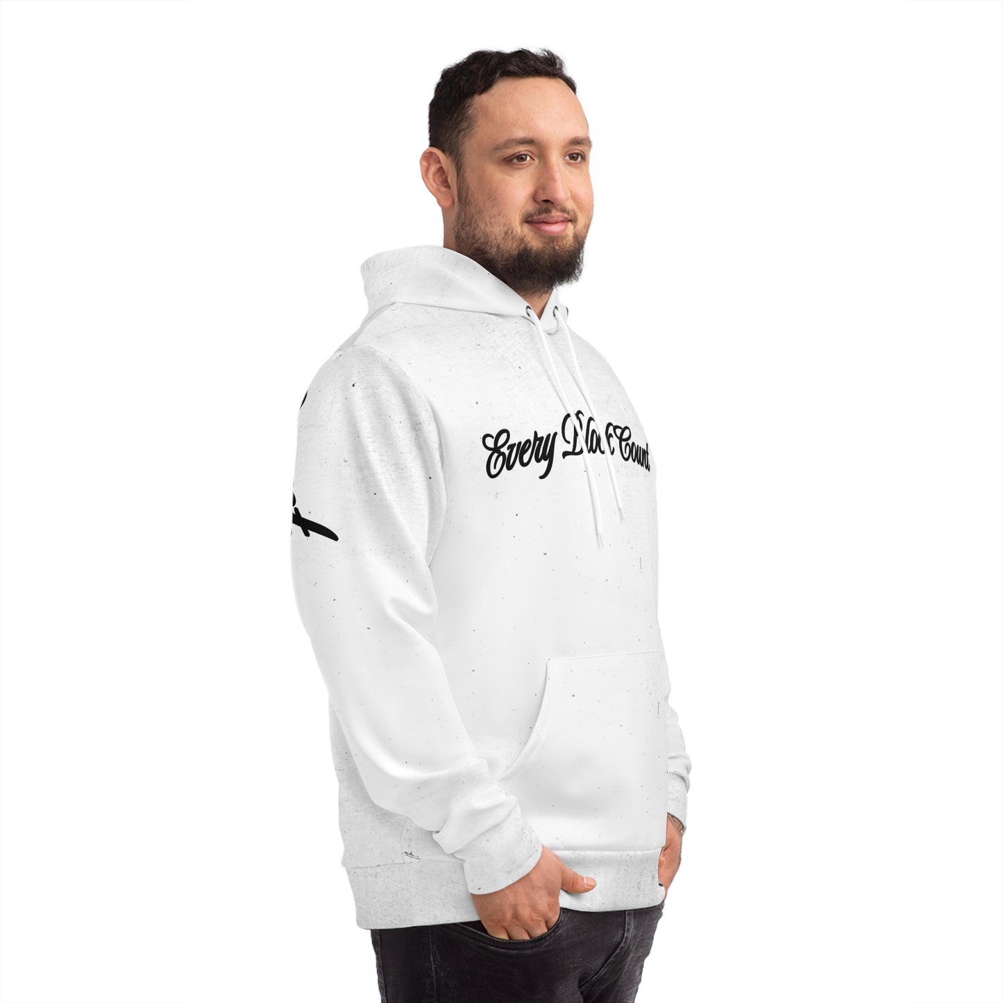 Man in the Every Block Count hoodie, side view showing the clean lines and sleeve details.