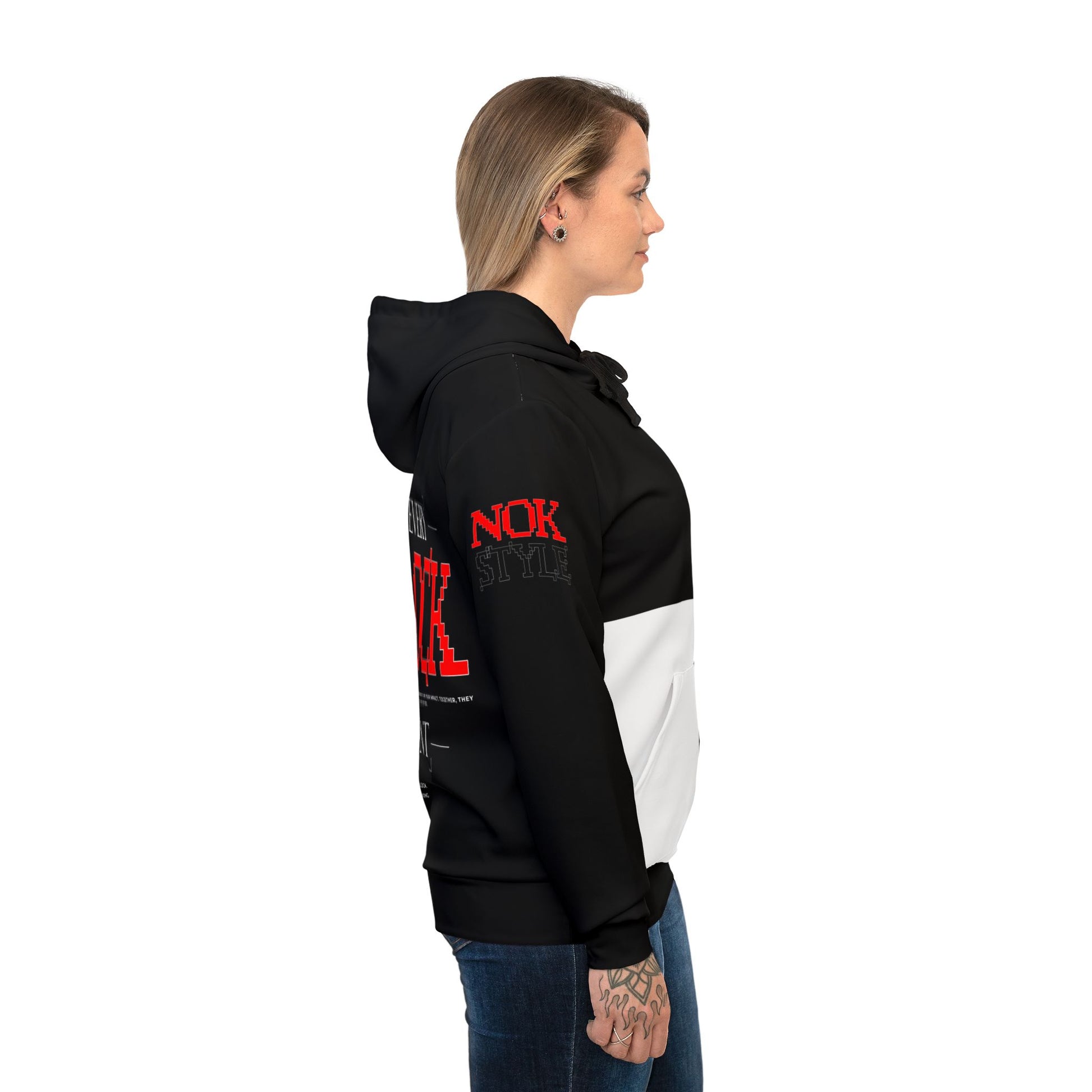 Side view of a black and white hoodie modeled by a woman, featuring the red 'NOK STYLE' branding on the sleeve and bold 'Every Block Count' design on the back.