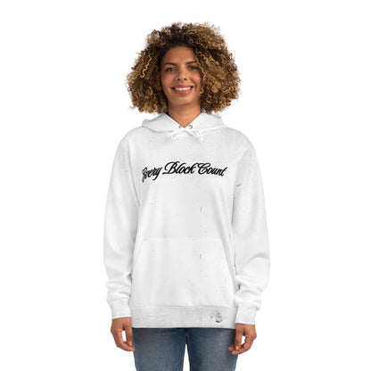 Woman wearing the Every Block Count hoodie, showcasing the front design with bold text.