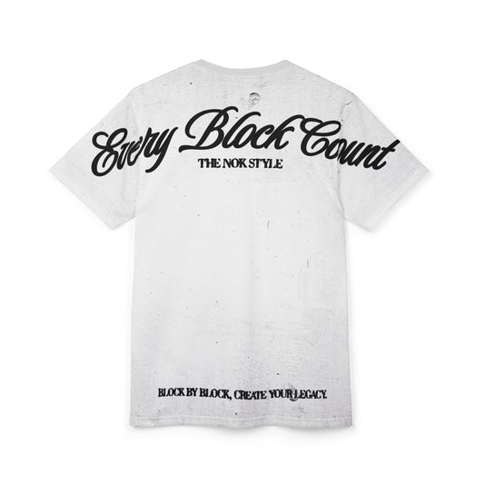 Close-up of the back design of Every Block Count T-Shirt, featuring bold typography and sleek style.