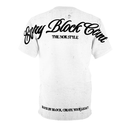 Flat lay of the Every Block Count T-Shirt's back, highlighting the detailed design.