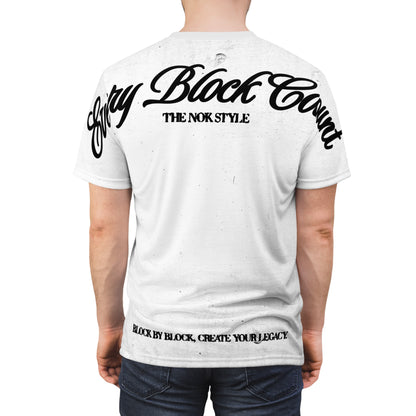 Back view of Every Block Count T-Shirt worn by a model, featuring bold text and sleek design.