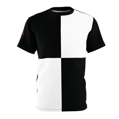 Flat lay of the T-shirt's front, highlighting the black and white split design with clean and modern styling.