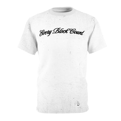 Flat lay of the Every Block Count T-Shirt's front, featuring a bold Every Block Count design.