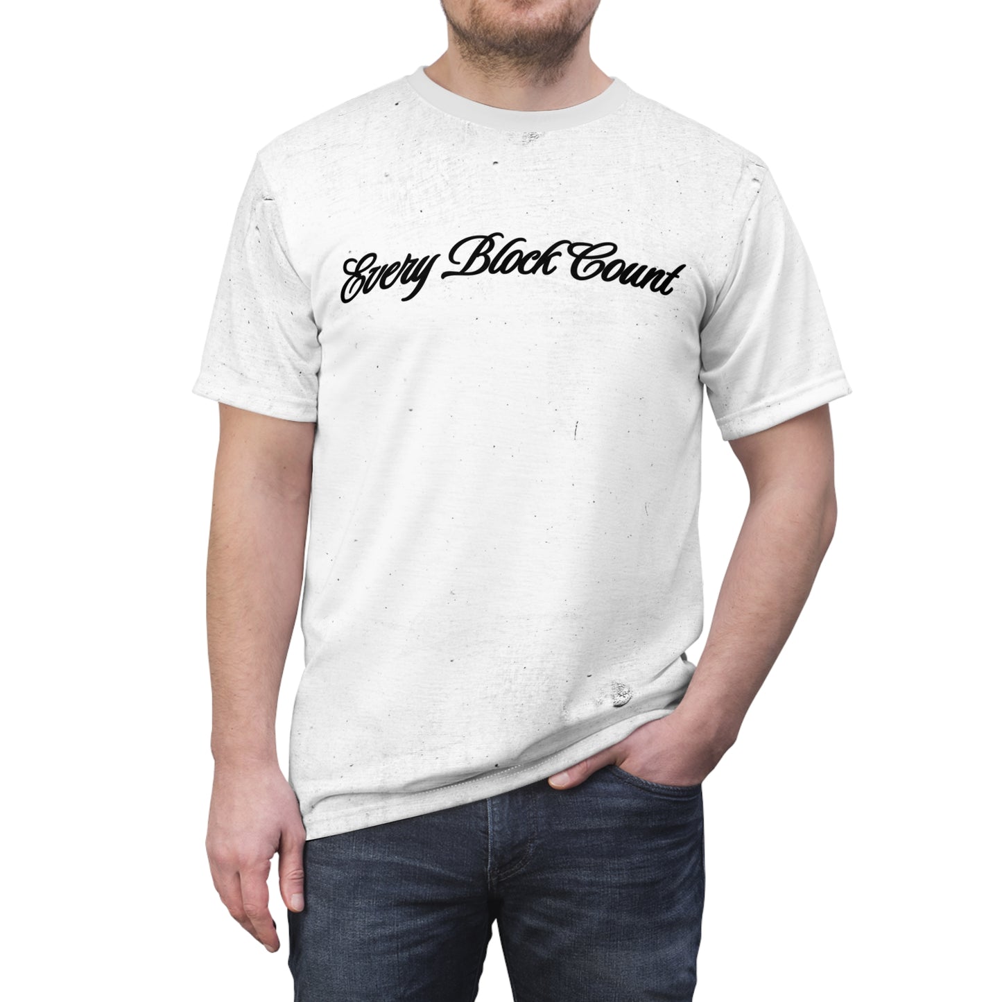 Front view of Every Block Count T-Shirt worn by a model, showcasing the stylish Every Block Count design.