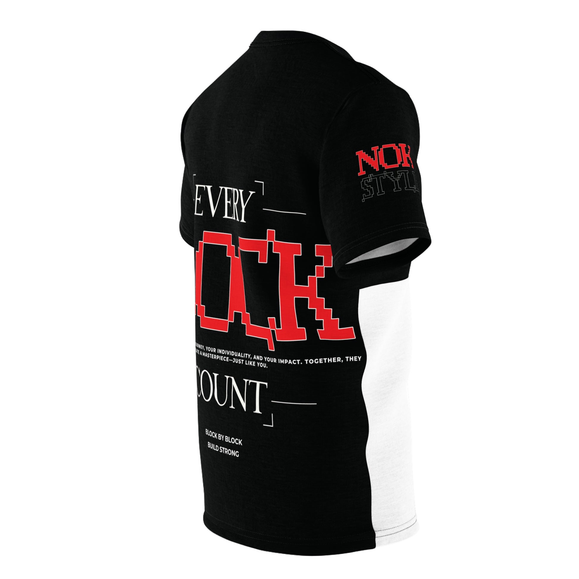 Right side view of a black and white T-shirt with bold red 'BLOCK' typography and clean side detailing.