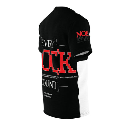 Right side view of a black and white T-shirt with bold red 'BLOCK' typography and clean side detailing.