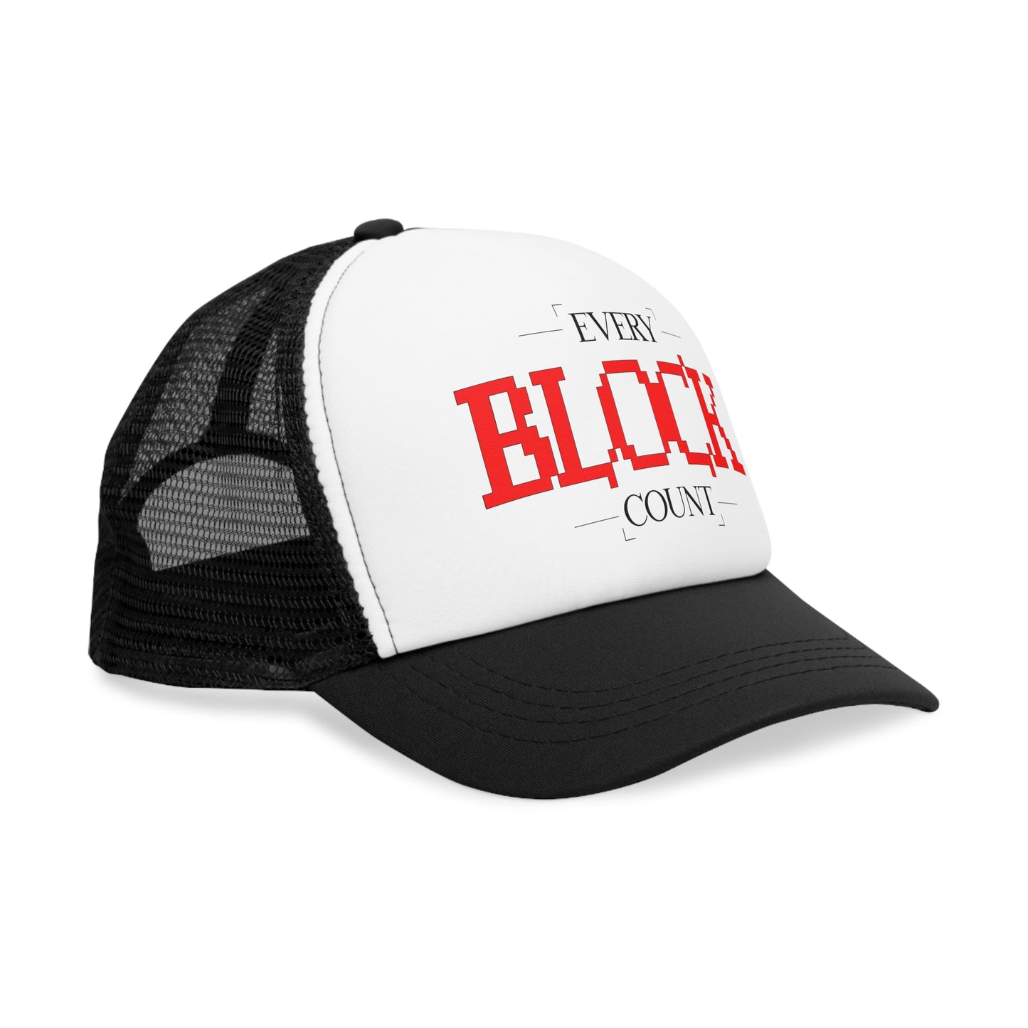 Side view of a Trucker Cap with a bold 'Every Block Count' design, highlighting the stylish black mesh back and durable construction.