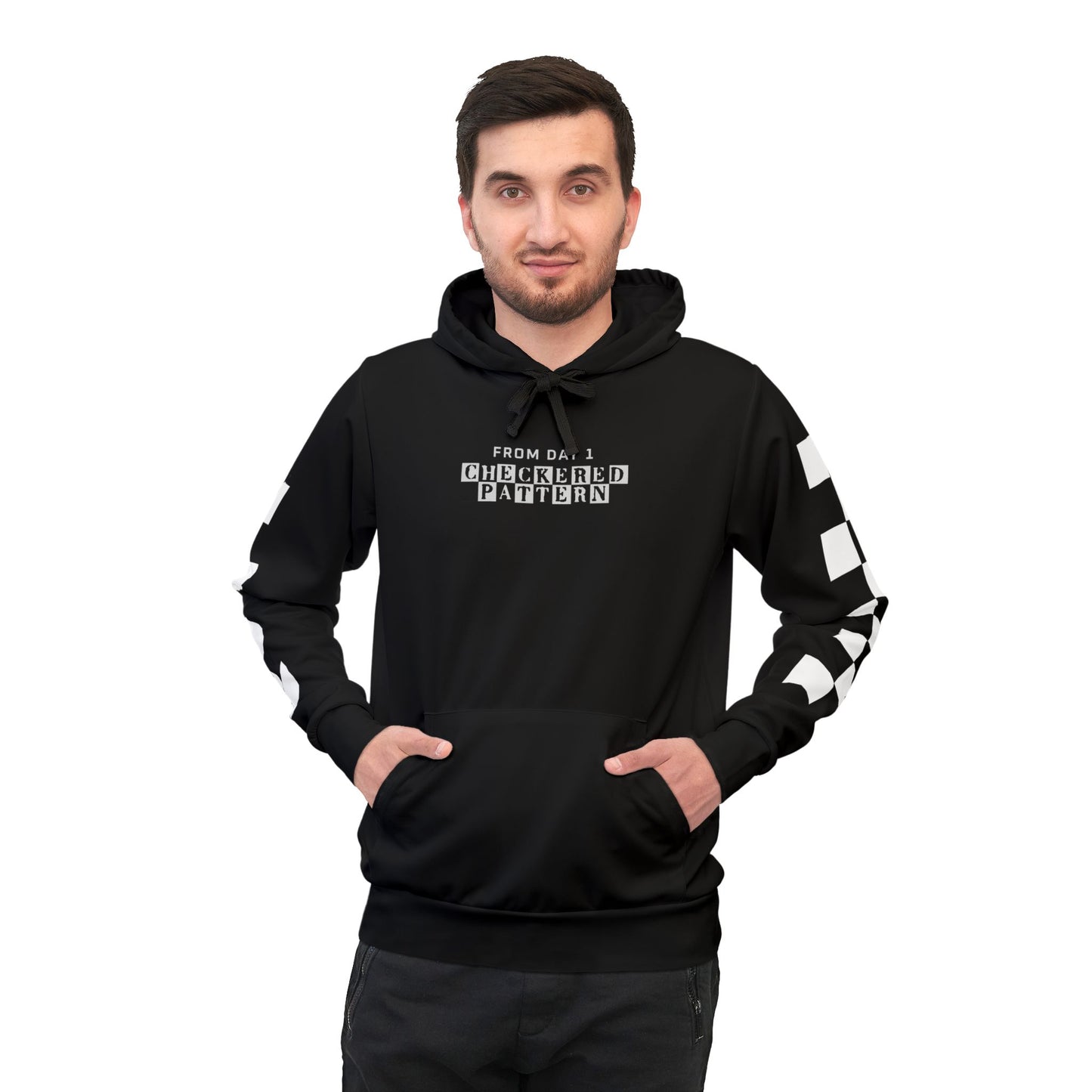 Front view of Every Block Count hoodie with 'From Day 1, Checkered Pattern' text, highlighting its stylish simplicity.