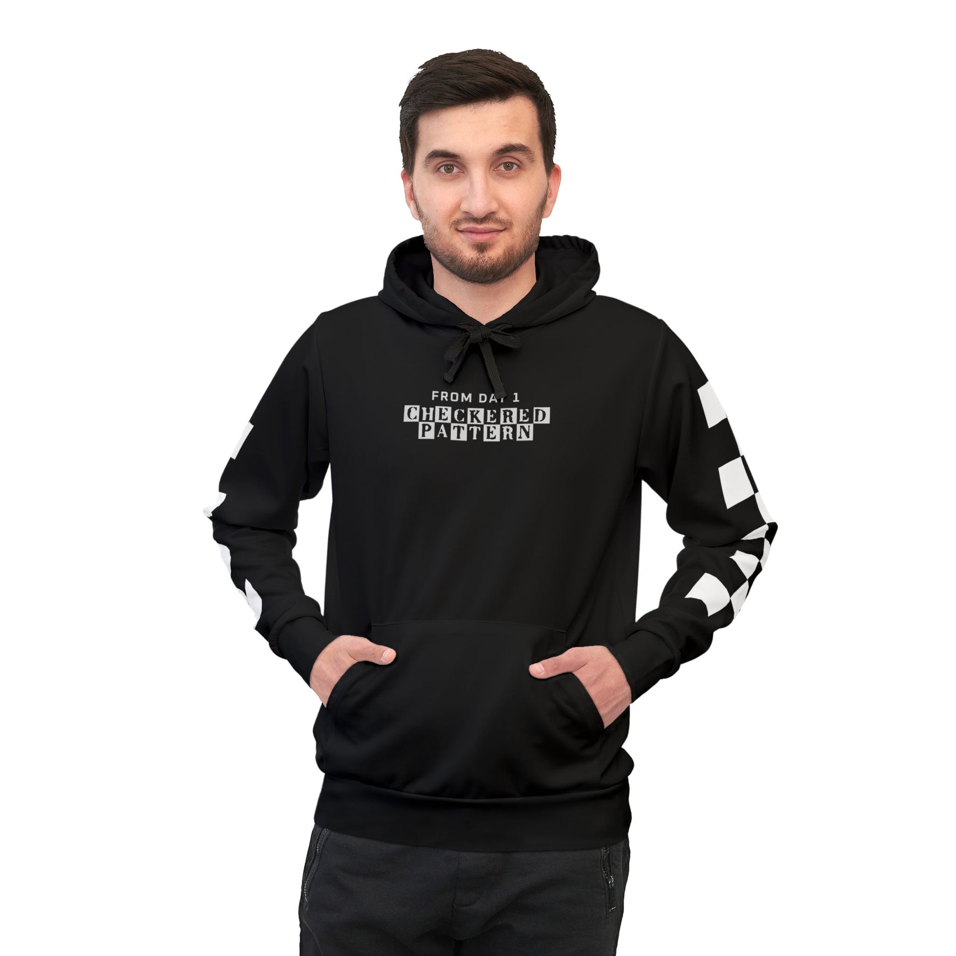 Front view of Every Block Count hoodie with 'From Day 1, Checkered Pattern' text, highlighting its stylish simplicity.