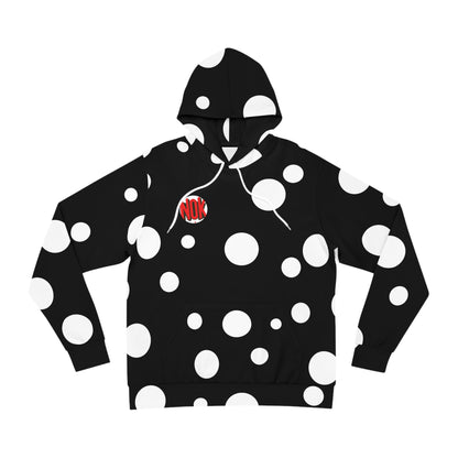 Flat lay image showing the front of a black hoodie featuring bold white circular patterns and the NOK logo.