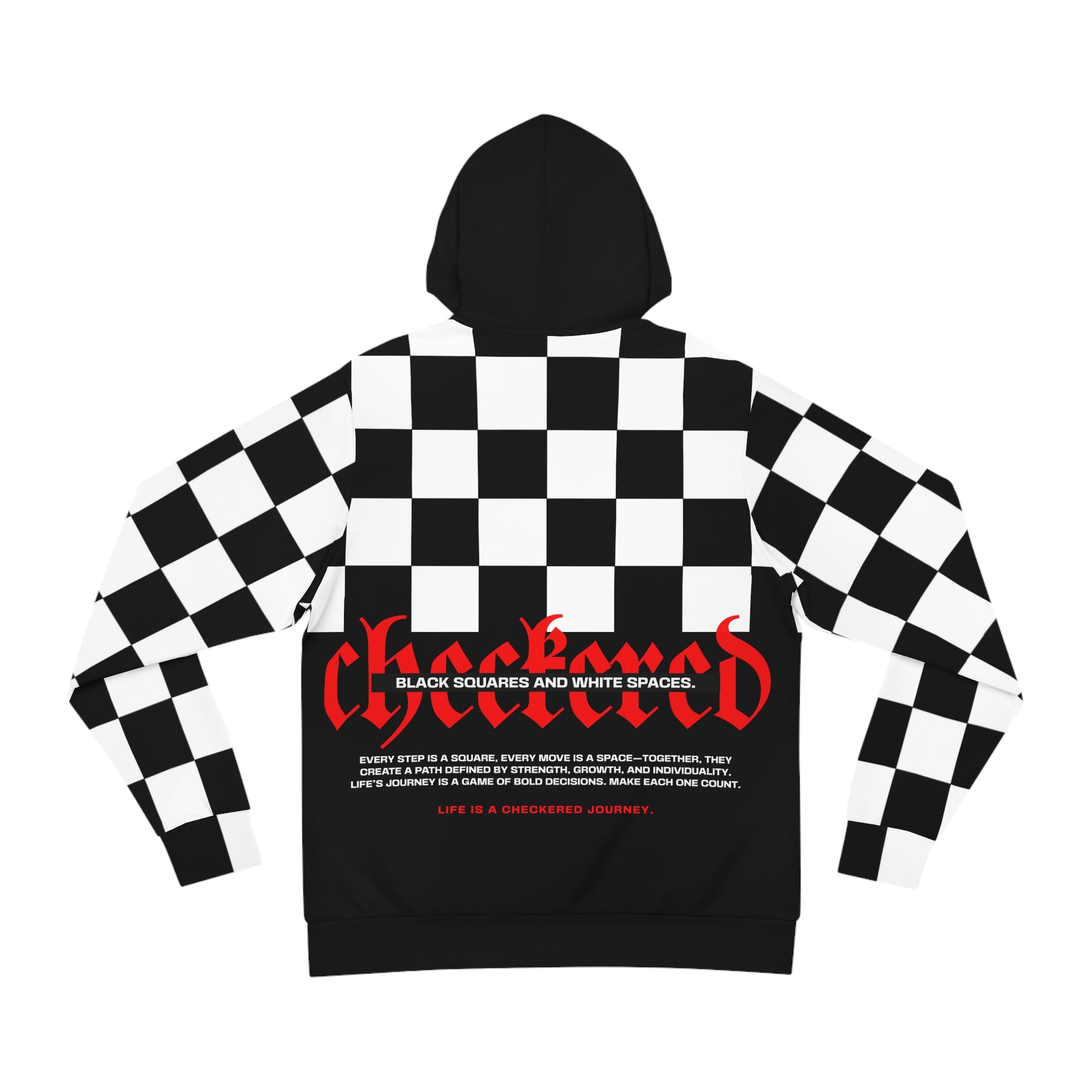 Flat lay of a NOKSTYLE checkered hoodie displaying the bold back design with 'Checkmate' typography and motivational text in red and white.