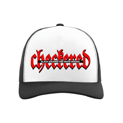 Flat lay display of a black and white trucker cap with bold red 'Checkered' text on the front and clean white paneling.