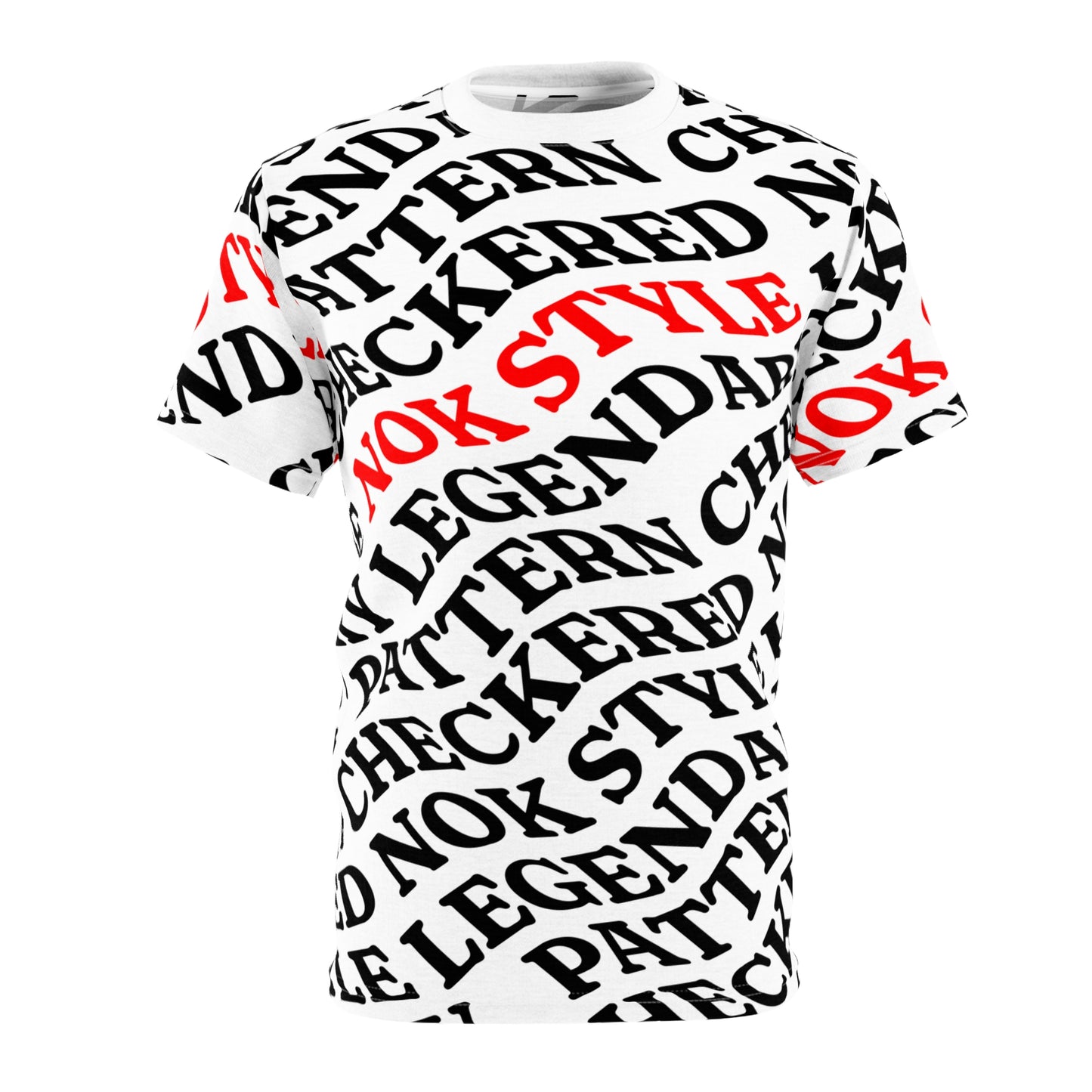 Flat lay front view of the NOKSTYLE Checkered Legends adult t-shirt showcasing its striking text design in black and red.