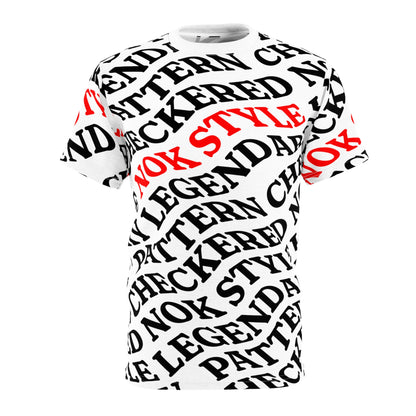 Flat lay front view of the NOKSTYLE Checkered Legends adult t-shirt showcasing its striking text design in black and red.