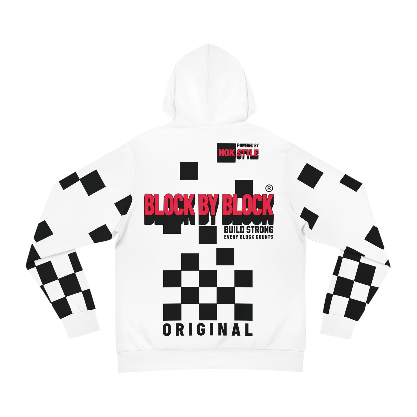 Flat lay of a white hoodie featuring black checkered sleeves and a bold 'Block by Block' text and logo design on the back.