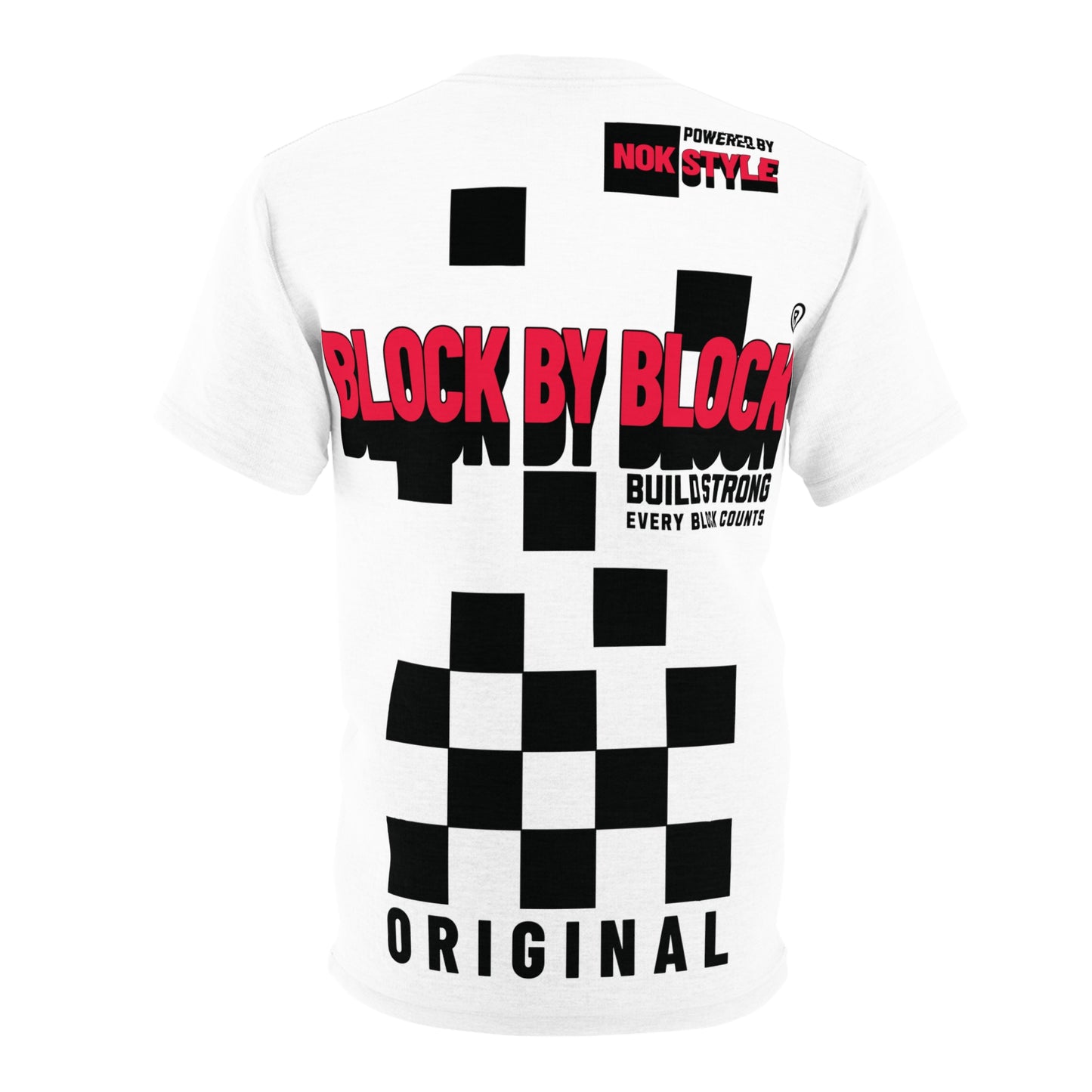 Flat rear lay of the NOKSTYLE Block by Block T-Shirt for adults, emphasizing bold checkered patterns, NOKSTYLE logo, and statement typography.
