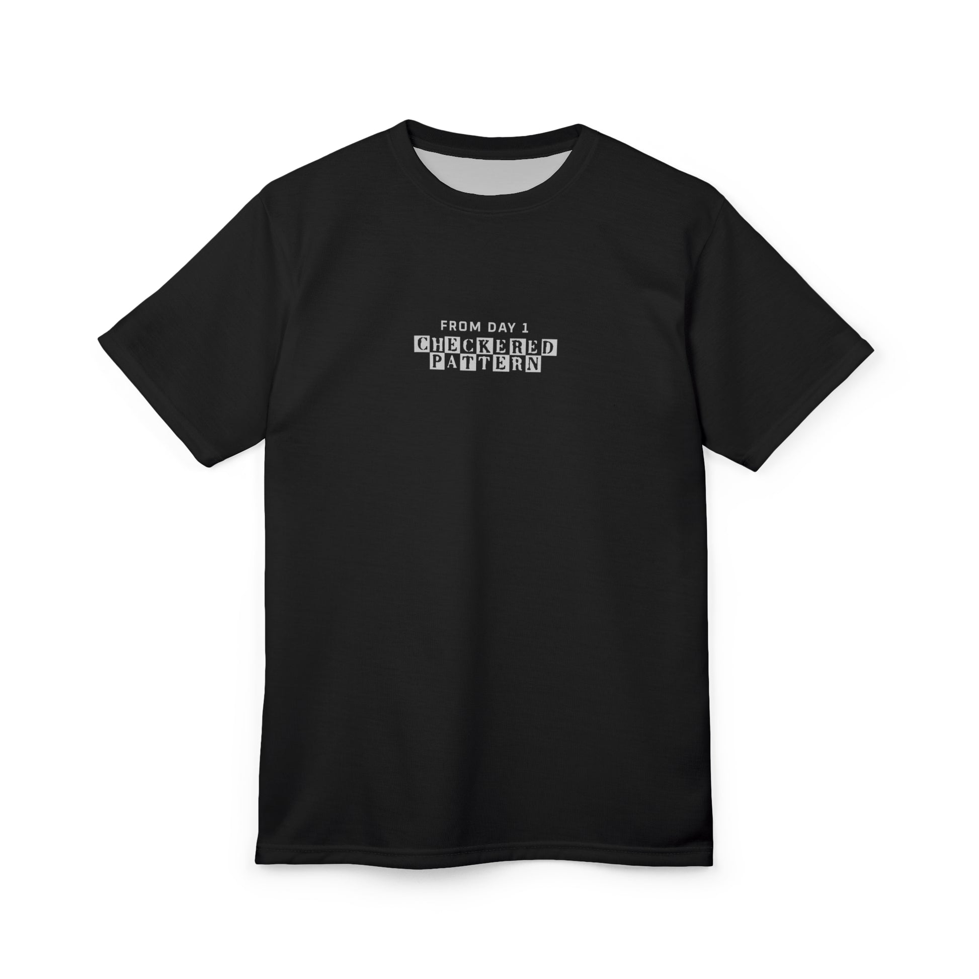 Flat front layout of the Every Block Count black t-shirt with the 'From Day 1 Checkered Pattern' text on the chest.