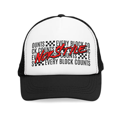 Front view of a NOK Style trucker cap with 'Every Block Counts' graphic text and red NOK Style logo.