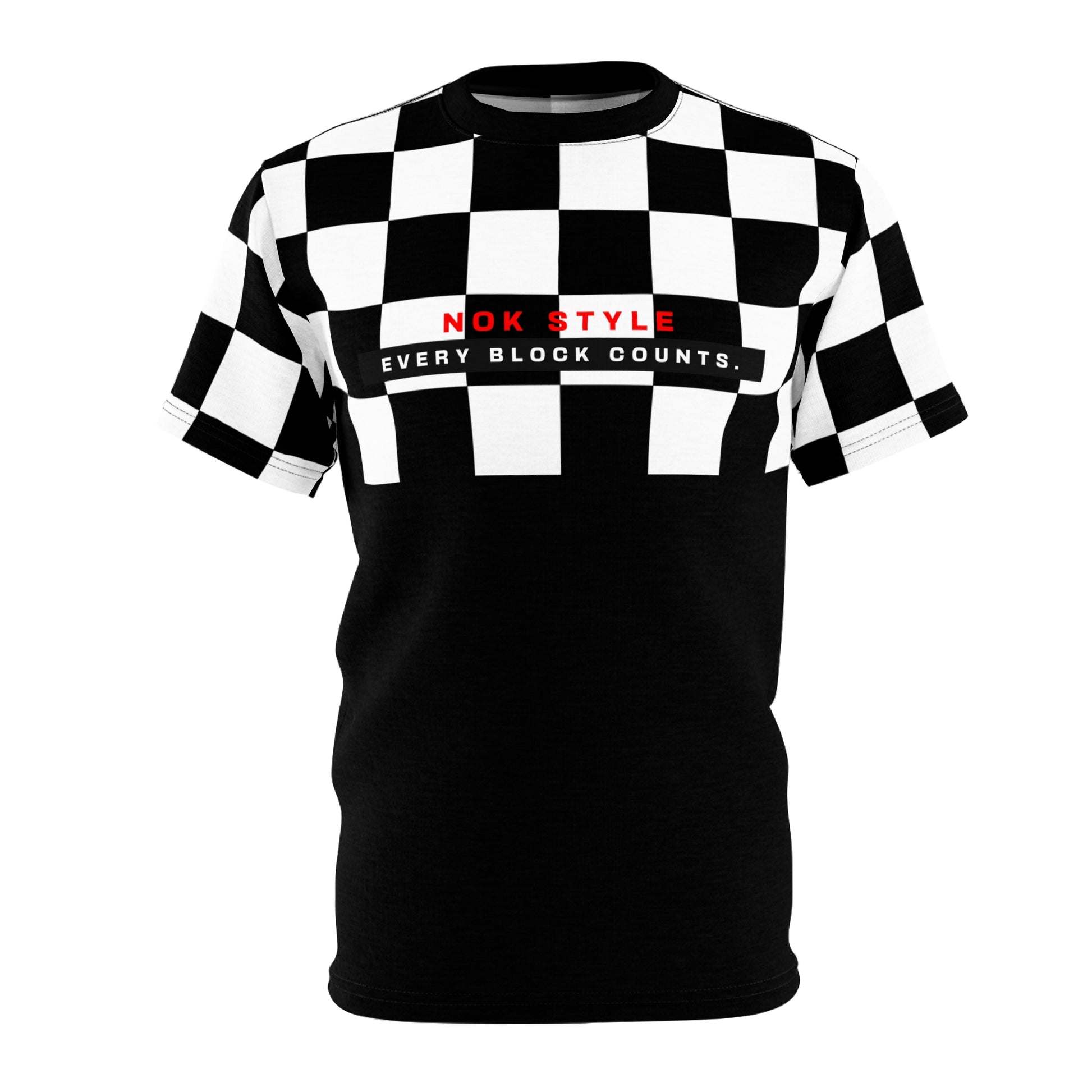 Flat front view of the Checkered Victory T-shirt displaying NOK STYLE branding in red and white with the phrase 'Every Block Counts' on a bold black and white checkered design.