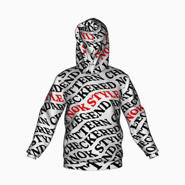A front view of the NOK STYLE hoodie featuring a bold black-and-white checkered pattern with red NOK STYLE text.