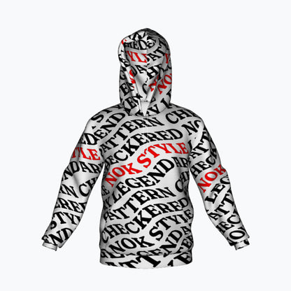 A front view of the NOK STYLE hoodie featuring a bold black-and-white checkered pattern with red NOK STYLE text.