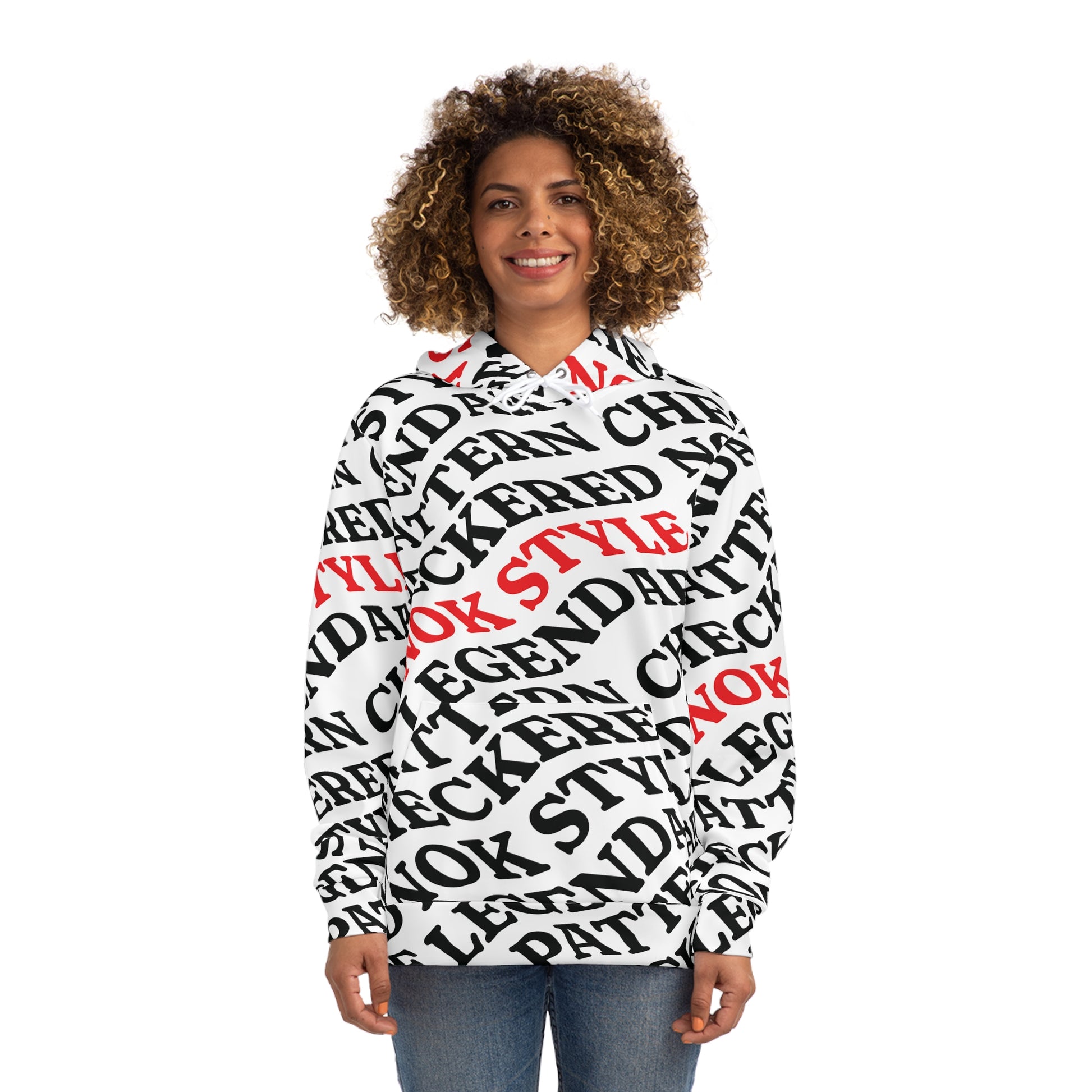 A front view of the NOK STYLE hoodie featuring a bold black-and-white checkered pattern with red NOK STYLE text.