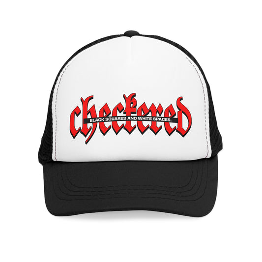 A straight-on view of a black and white trucker cap featuring the red 'Checkered' text with 'Black Squares and White Spaces' tagline.